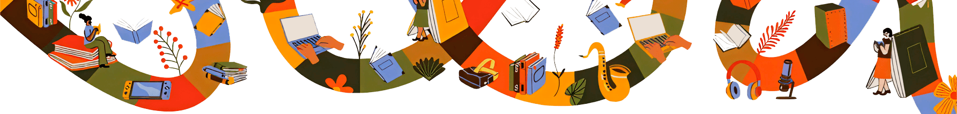 Ilustração cultural com livros, instrumentos e pessoas